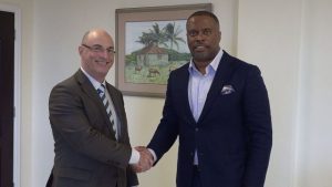 Hon. Mark Brantley, Foreign Affairs Minister in St. Kitts and Nevis, welcomes His Excellency Bruce Lendon, Australia’s new ambassador to St. Kitts and Nevis at his Pinney’s Estate office on January 29, 2020