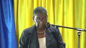 Dr. Robertine Chaderton, Chairperson of the Sugar Industry Diversification Foundation (SIDF) Board of Councillors, delivering remarks on January 30, 2020, at the commencement ceremony of a new building, partly funded by the SIDF, which will house the Nevis Island Administration’s Treasury Department