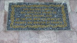 : The plaque unveiled by Hon. Mark Brantley, Premier of Nevis and Minister of Finance at the commencement ceremony of the new building which will house the Nevis Island Administration’s Treasury Department