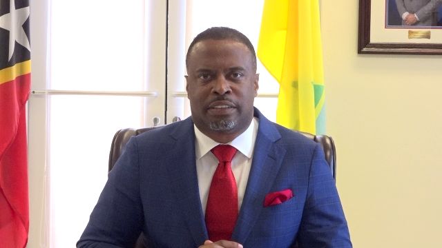 Hon. Mark Brantley, Premier of Nevis, at his Pinney’s Estate office on February 14, 2020, making the announcement of the date set for the by-election for Constituency no.5, in the Nevis Island Assembly, St. Thomas’ Parish