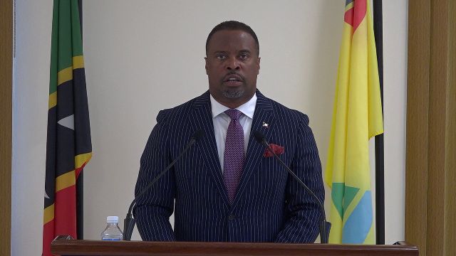 Hon. Mark Brantley, Premier of Nevis delivering a statement on COVID-19 from his office at Pinney’s Estate on March 26, 2020