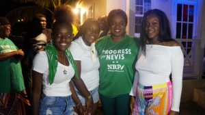 Winner of the St. Thomas’ Lowlands Nevis 5 by-election Mrs. Cleone Stapleton Simmonds of the Nevis Reformation Party celebrating her victory with family members at the party headquarters along the Island Main Road at Nelson Spring on March 05, 2020