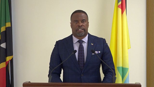 Hon. Mark Brantley, Premier of Nevis, Senior Minister of Health and Minister of Finance delivering an address on Covid-19 at the Nevis Island Administration's Cabinet Room on March 16, 2020