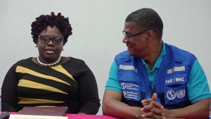 (L-r) Hon. Hazel Brandy-Williams, Junior Minister of Health in the Nevis Island Administration, and Dr. Rufus Ewing Pan American Health Organisation/World Health Organisation Advisor, Health Systems and Services for Barbados and the Eastern Caribbean at a training session for Ministry of Health staff, held at the Gender Affairs Division conference room on March 20, 2020