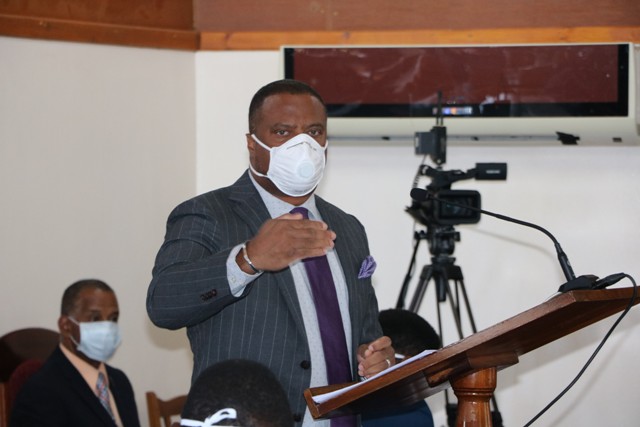 Hon. Mark Brantley, Premier of Nevis, presenting a resolution regarding the extension of the state of emergency in the fight against COVID-19, at an emergency sitting of the Nevis Island Assembly on April 18, 2020