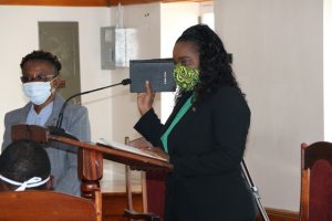 Hon. Cleone Stapleton Simmonds being sworn in as a member of the Nevis Island Assembly on April 18, 2020 by Ms. Myra Williams, Clerk of the Assembly, at an emergency sitting on April 18, 2020