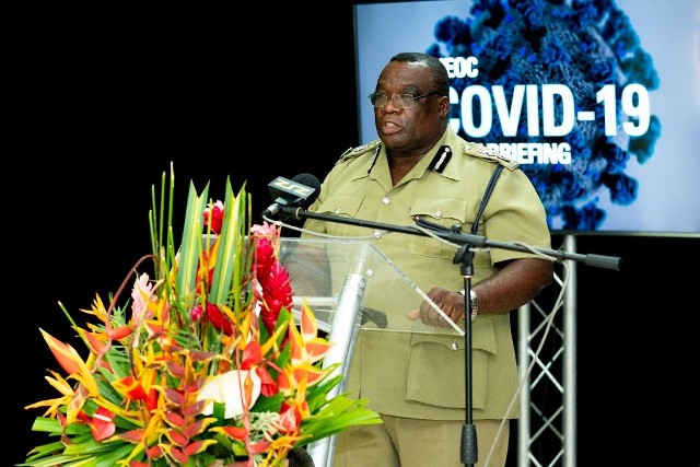 Mr. Hilroy Brandy, Commissioner of Police in the Royal St. Christopher and Nevis Police Force making his presentation at the National Emergency Operations Centre COVID-19 daily briefing on May 26, 2020, in St. Kitts