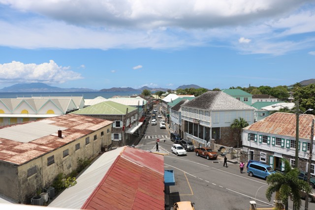 A part of the commercial side of Charlestown on Nevis with St. Kitts in the background (file photo)