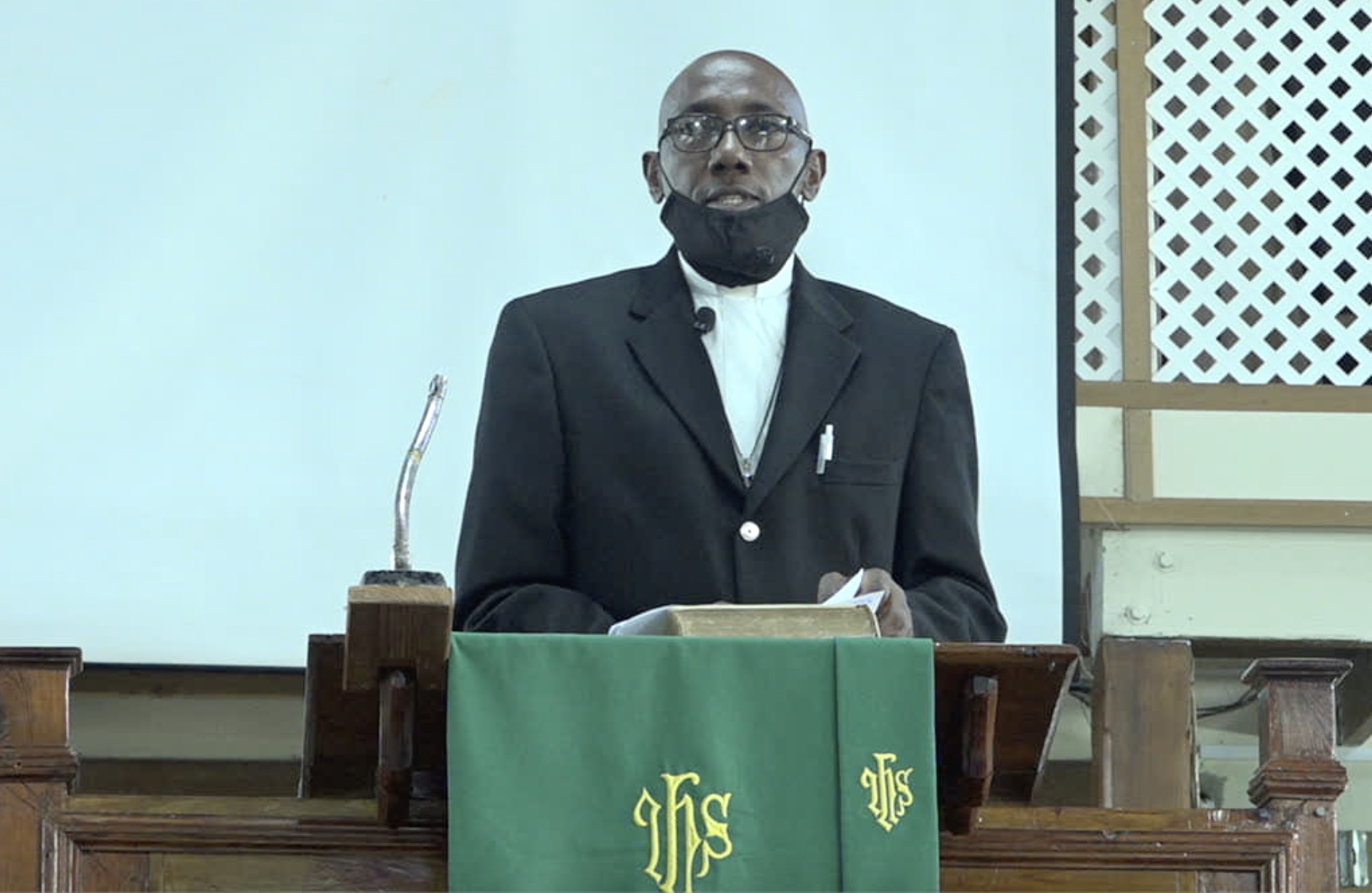 Rev. Wendell Samuel, Circuit Minister at the Gingerland Methodist Church leads “United in Christ Giving Thanks and Praise” service at the church on July 19, 2020, for the three ministers in the Nevis Island Administration, are no w also ministers in the Government of St. Kitts and Nevis