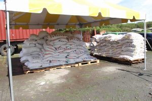 Some bags of the $33,000 free feed at Prospect on July 15, 2020, for distribution to livestock farmers on Nevis as part of a Nevis Island Administration/Eastern Caribbean Group of Companies partnership