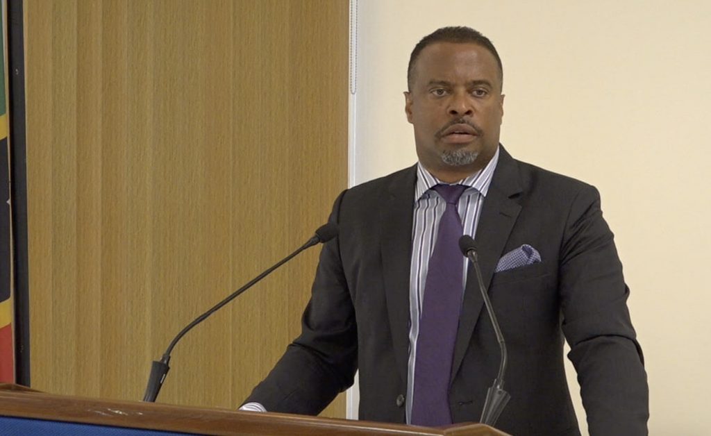 Hon. Mark Brantley, Premier and Minister of Finance in the Nevis Island Administration, speaking at his monthly press conference on July 30, 2020