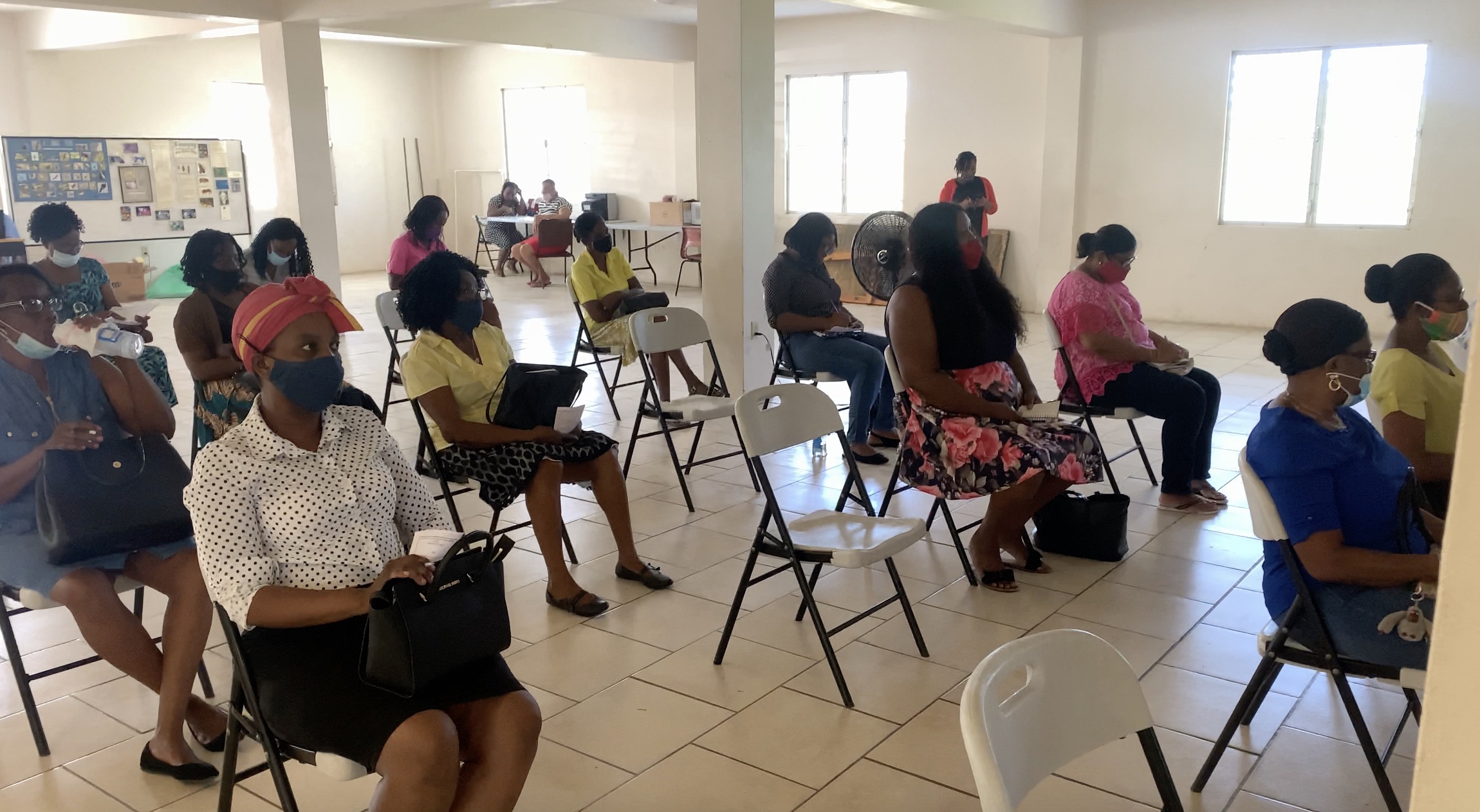 Early Childhood Development supervisors attending a COVID-19 Compliance sensitization training workshop for re-opening of Early Childhood Development Centres at the Charlestown Primary School’s auditorium on July 16, 2020