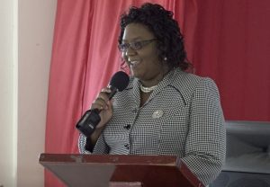 Ms. Zahnela Claxton, Principal Education Officer in the Department of Education on Nevis making her presentation at a COVID-19 Compliance sensitization training workshop for Early Childhood Development Centre supervisors on July 16, 2020 at the Charlestown Primary Scholl auditorium   