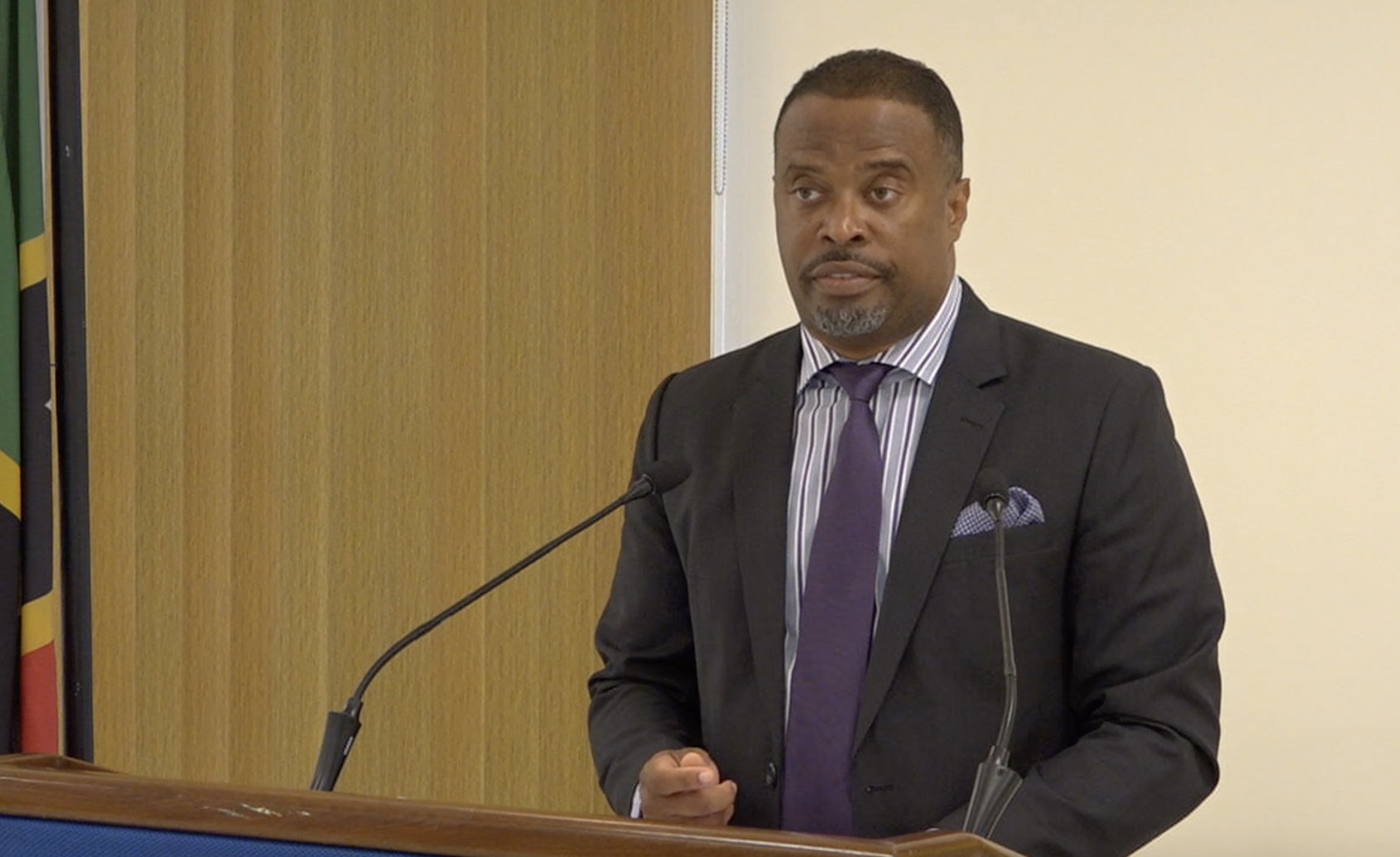 Hon. Mark Brantley, Premier of Nevis and Minister of Health in the Nevis Island Administration, at his monthly press conference on July 30, 2020, in Cabinet Room at Pinney’s Estate