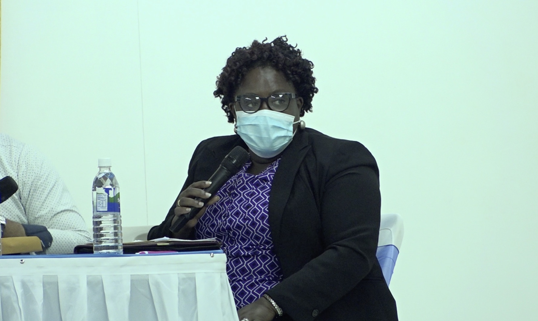 Hon. Hazel Brandy-Williams, Junior Minister of Health, at a town hall meeting hosted by the Nevis Island Administration on July 23, 2020, at the Cotton Ground Community Centre.