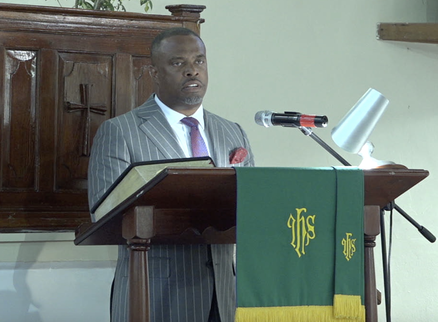 Hon. Mark Brantley, Premier of Nevis, and Minister of Foreign Affairs in St. Kitts and Nevis delivering remarks at a “United in Christ, Giving Thanks and Praise” church service at the Gingerland Methodist Church on July 19, 2020
