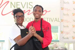 Chef Wentworth Smithen, winner of the Cook-Off at the Nevis Mango and Food Festival, hosted by the Nevis Tourism Authority at Cleveland Gardens on July 04, 2020, with his assistant and mother Julie Smithen