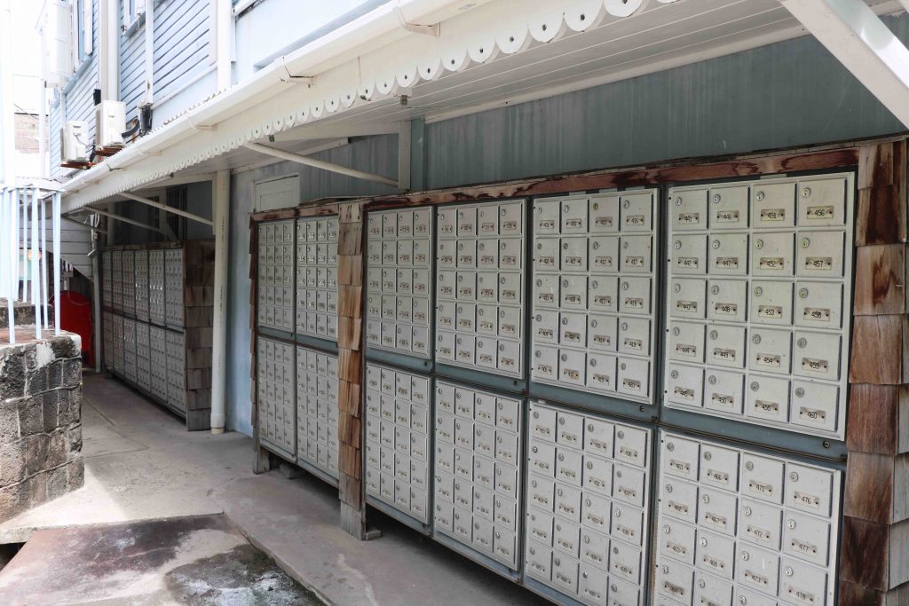 Private mail boxes at the Nevis Postal Services building in Charlestown