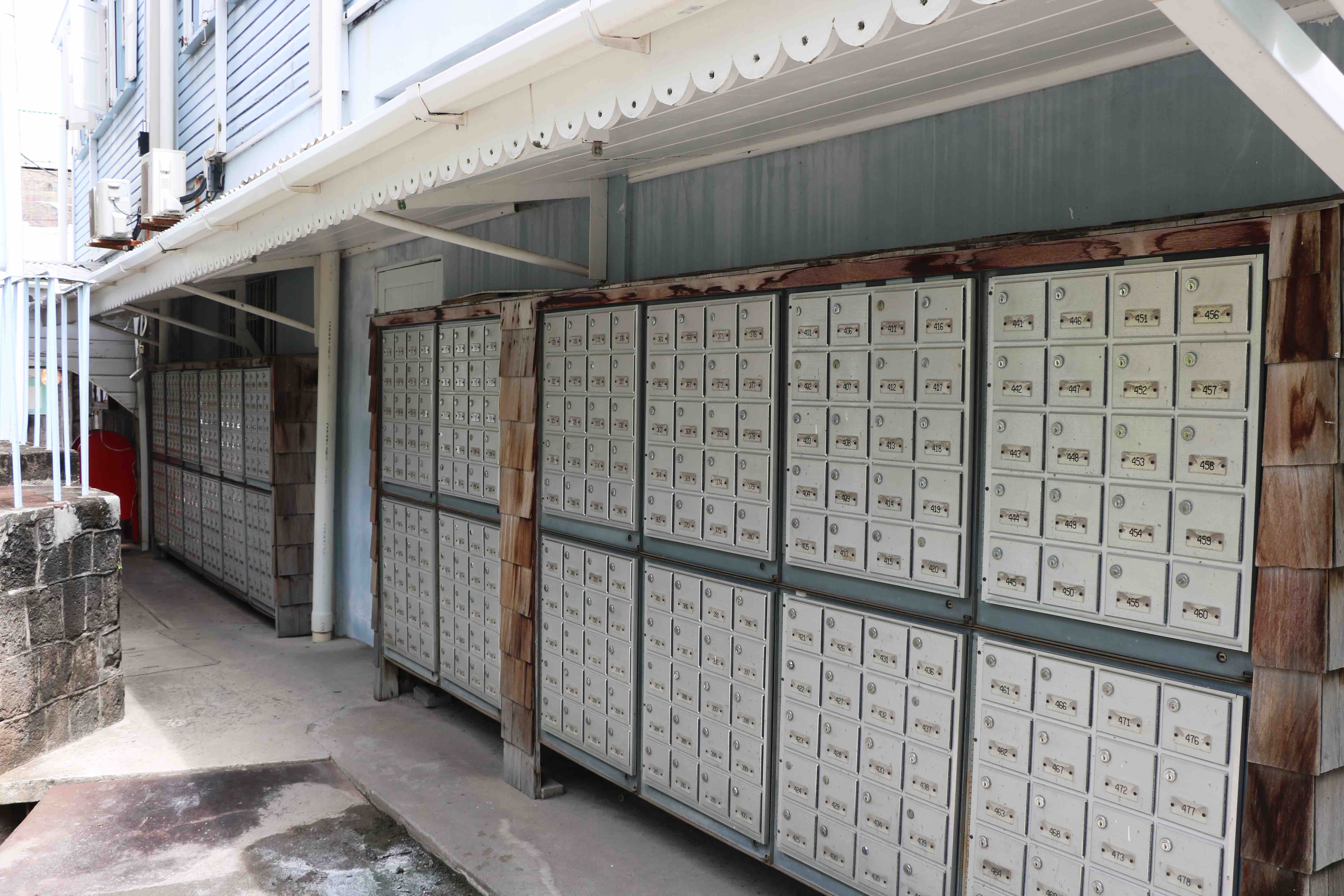 Private mail boxes at the Nevis Postal Services building in Charlestown