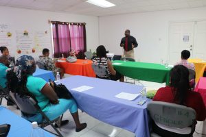 Keith Glasgow, Permanent Secretary in the Ministry of Social Development in the Nevis Island Administration, addressing participants at the launch of a backyard gardening project on July 15, 2020