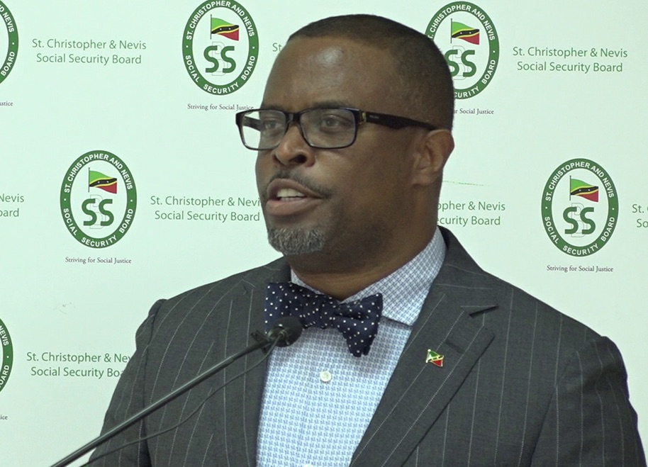 Hon. Mark Brantley, Premier of Nevis and Minister of Finance, delivering remarks at the Social Security Self-employed Symposium hosted by the St. Christopher and Nevis Social Security Board at the St. Paul’s Church Hall in Charlestown on August 19, 2020