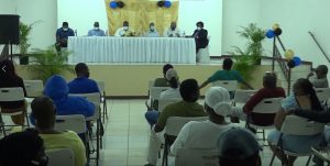 Community residents look on as ministers in the Nevis Island Administration make presentations at a recent town hall meeting (l-r) Hon. Troy Liburd; Hon. Alexis Jeffers, Deputy Premier; Hon. Mark Brantley, Premier of Nevis; Hon. Eric Evelyn; Hon. Spencer Brand; and Hon. Hazel Brandy-Williams