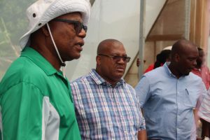 (L-r) Mr. Mc Levon “Mackie” Tross at his farm - AI Farms - in Gingerland with Mr. Ron Dublin-Collins, Permanent Secretary in the Ministry of Agriculture in St. Kitts and Mr. Randy Elliott, Director in the Department of Agriculture in Nevis during a tour on July 28, 2020