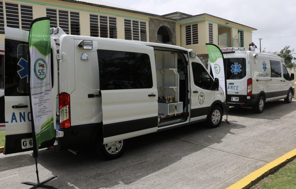 The two 2020 Chevrolet Express Type 2 ambulances commissioned at the Alexandra Hospital on Nevis on August 2020