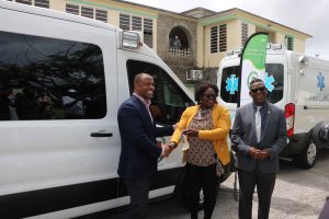 Hon. Premier Mark Brantley, Minister of Health on Nevis; Hon. Hazel Brandy-Williams, Junior Minister of Health in the Nevis Island Administration; and Mr. Antonio Maynard, Director of the St. Christopher and Nevis Social Security Board at a ceremony commissioning two new ambulances at the Alexandra Hospital on August 28, 2020