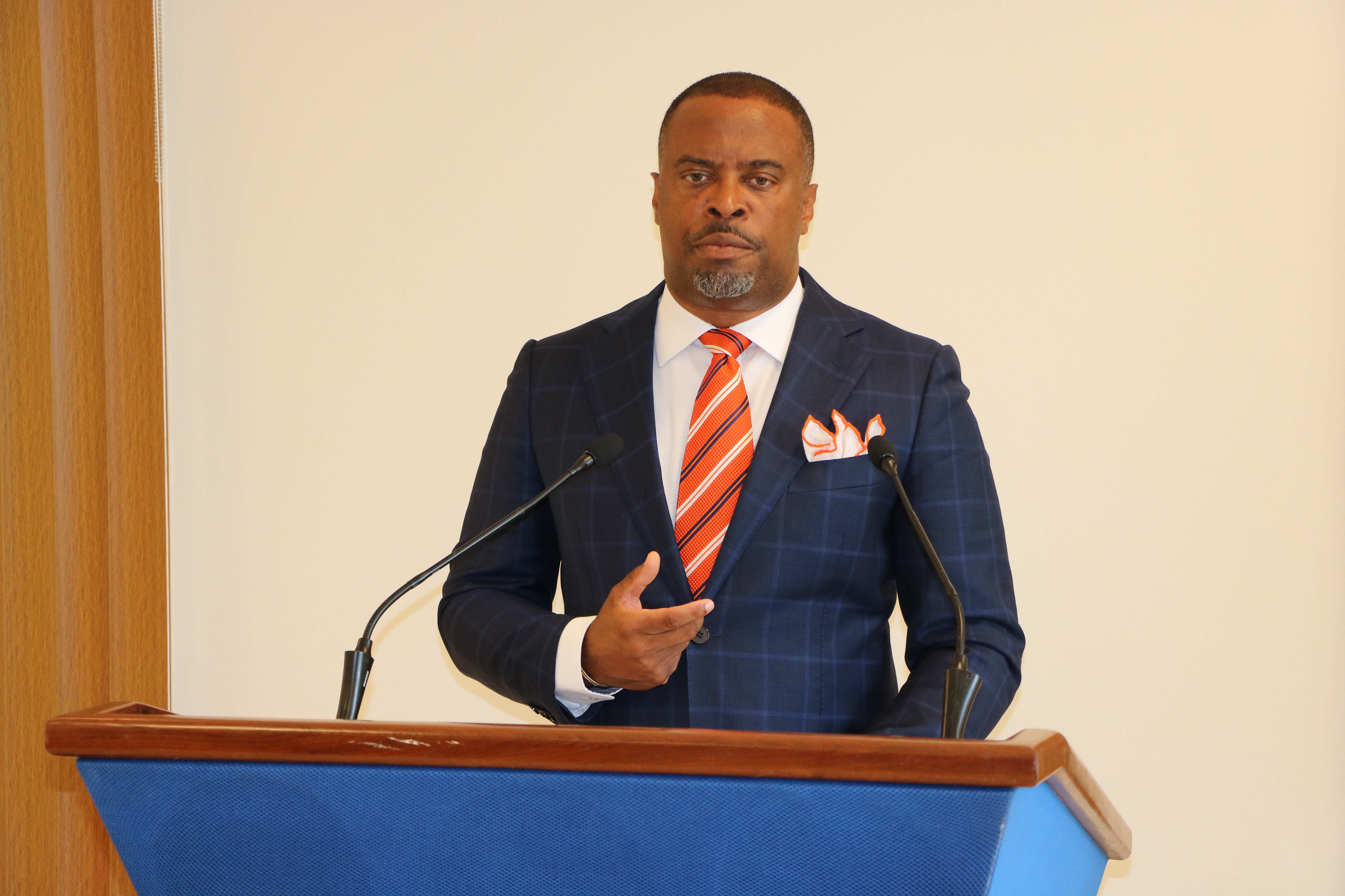 Hon. Mark Brantley Premier of Nevis and Minister of Finance and Human Resources in the Nevis Island Administration making a presentation at his monthly press conference in Cabinet Room at Pinney’s Estate on August 27, 2020