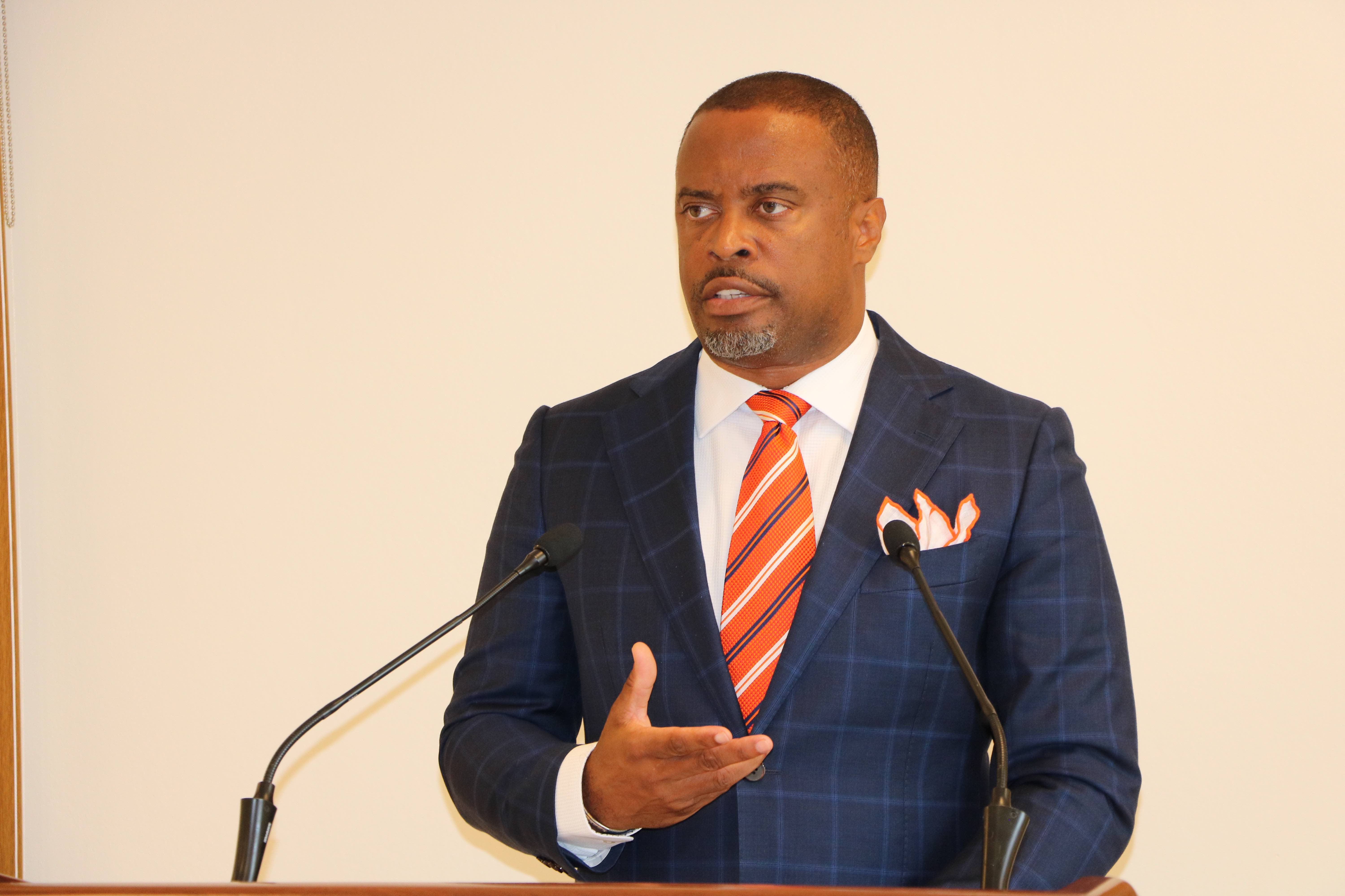 Hon. Mark Brantley, Premier of Nevis, at his monthly press conference on August 27, 2020, in Cabinet Room at Pinney’s Estate