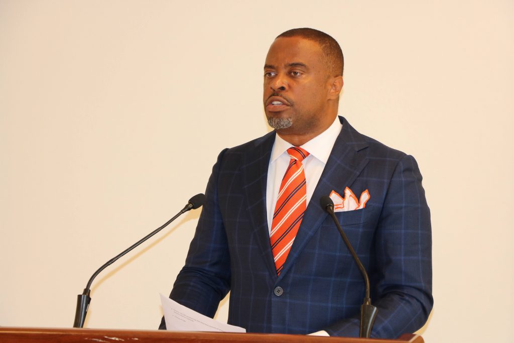 Hon Mark Brantley, Premier of Nevis and Minister of Finance at his monthly press conference in the Cabinet Room at Pinney’s Estate on August 27, 2020