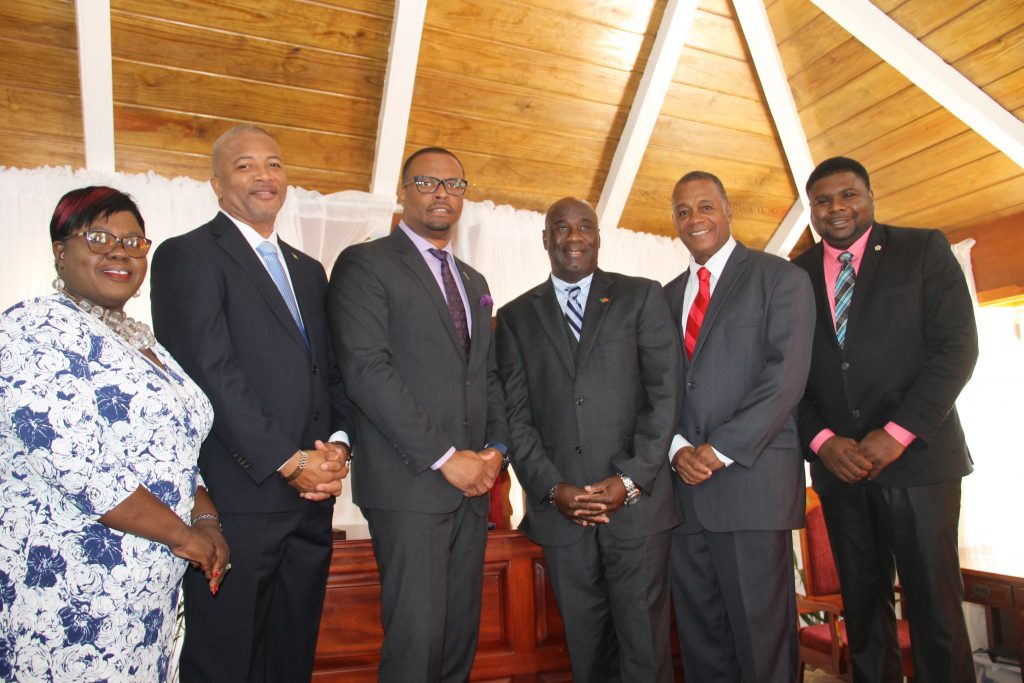 Cabinet of Ministers in the Nevis Island Administration (l-r) Hon. Hazel Brandy-Williams; Hon. Spencer Brand; Premier of Nevis, Hon. Mark Brantley; Deputy Premier Hon. Alexis Jeffers; Hon. Eric Evelyn; and Hon. Troy Liburd (file photo)