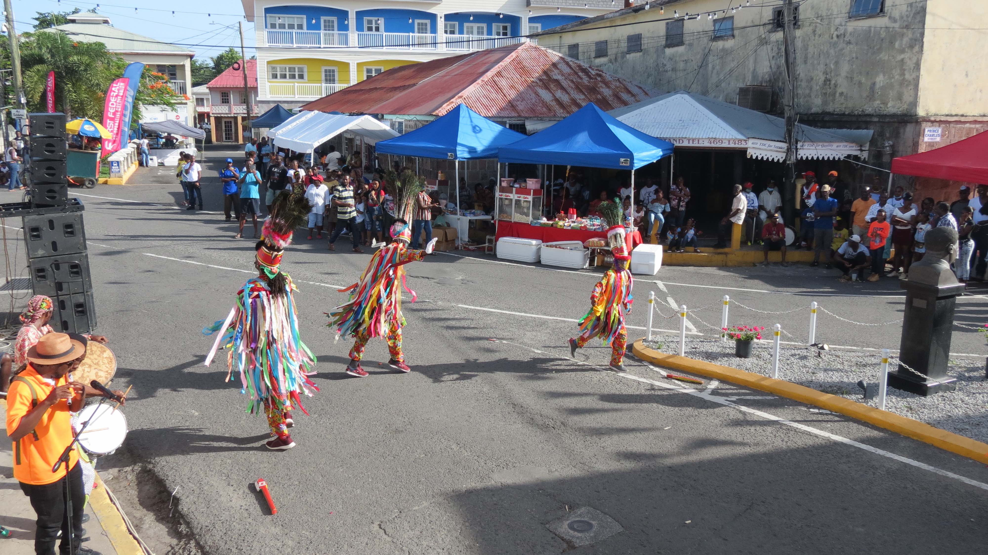 Masqueraders performing in Charlestown during the Emancipation Celebrations on August 03, 2020 (photo by Lester Blackett)