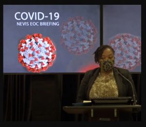 Mrs. Terenz Wallace-Warner, Documentations and Communications Officer at the Department of Education, making a presentation during the Nevis COVID-19 Emergency Operations Centre Briefing on August 10, 2020