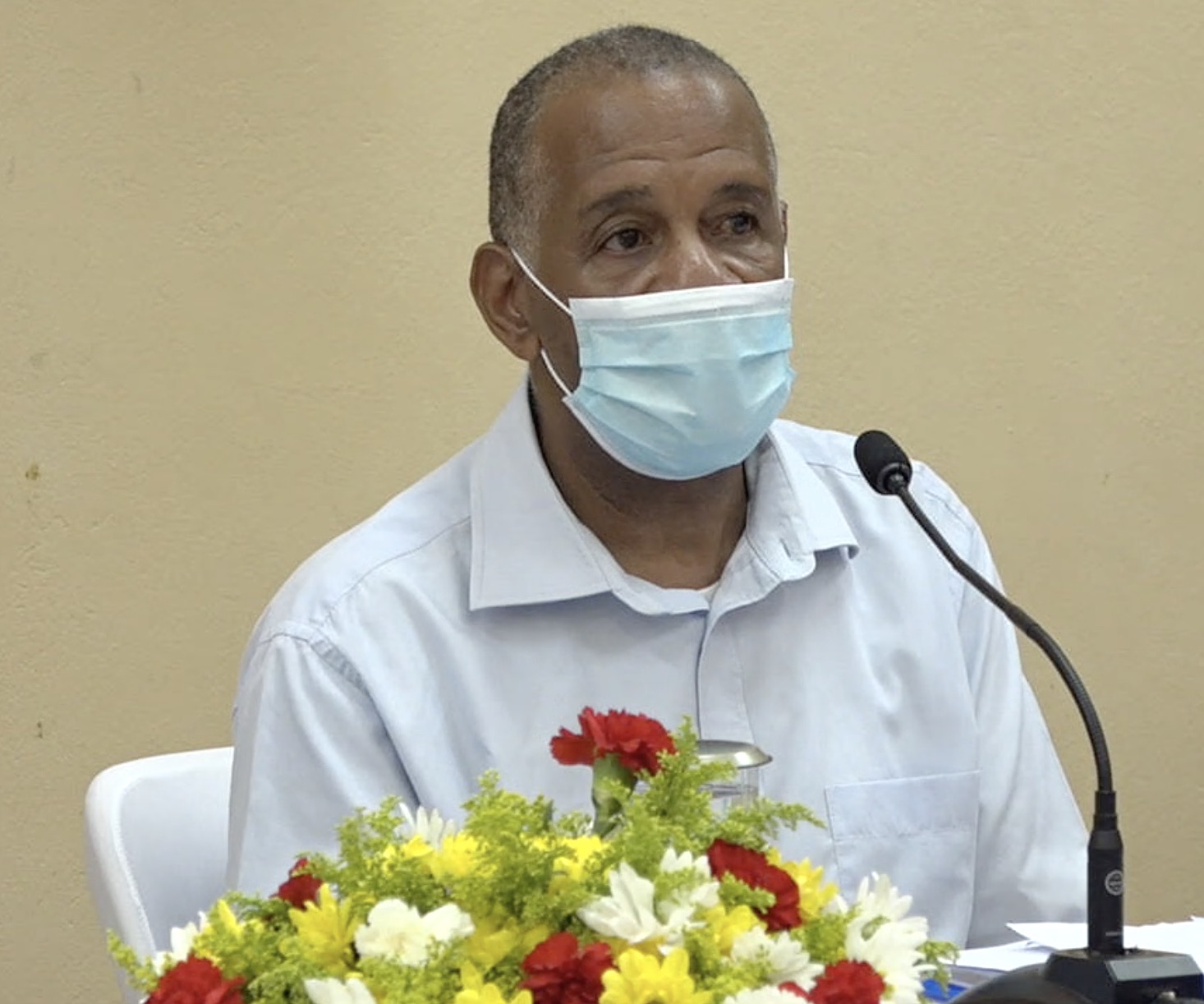 Hon. Eric Evelyn, Minister of Health in the Nevis Island Administration making his presentation at a town hall meeting at the Hanley’s Road Community Centre on August 20, 2020