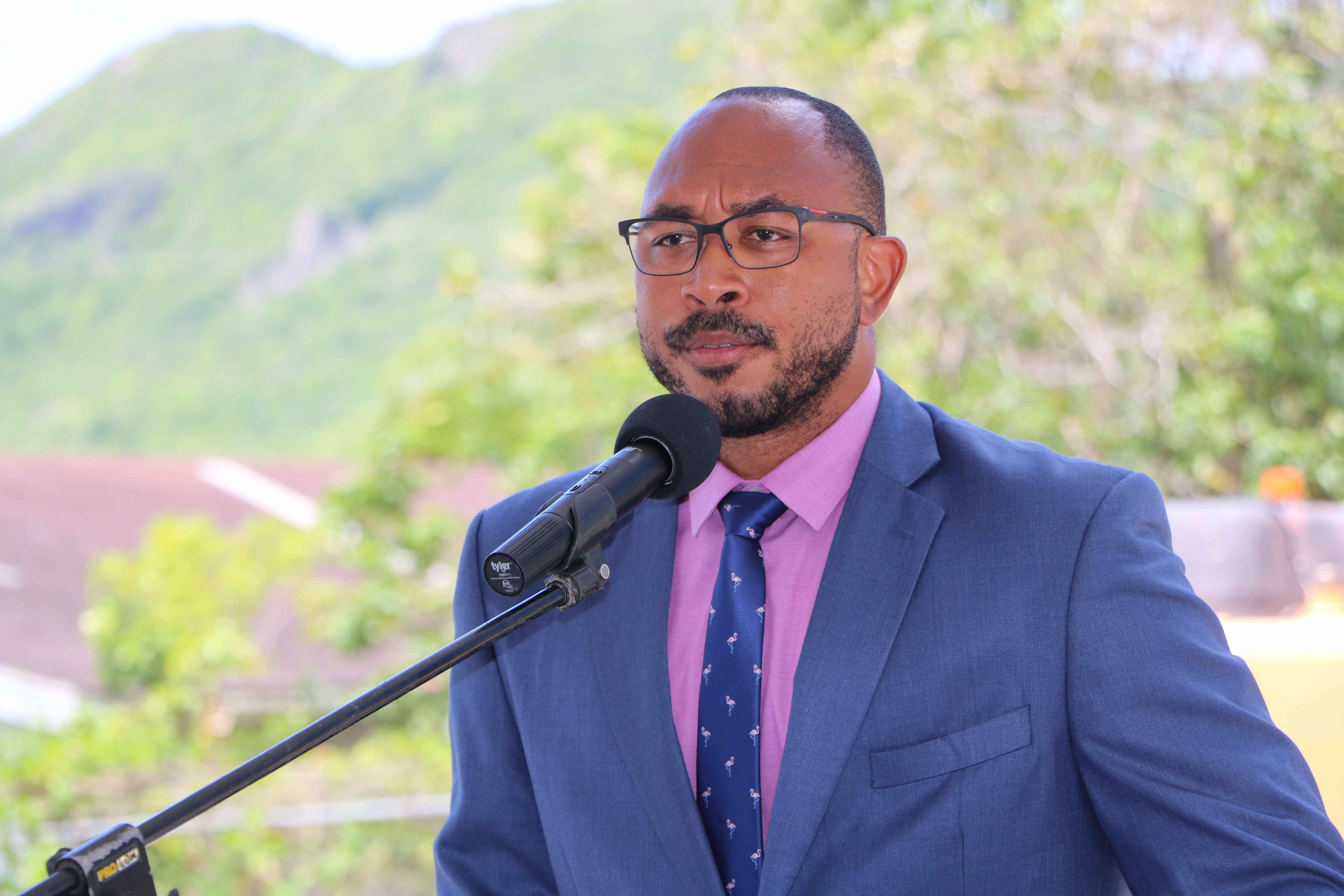 Hon. Jonel Powell, Minister of Education in St. Kitts and Nevis delivering remarks at a ground breaking ceremony on August 06, 2020, for the construction of a state-of-the-art technical wing at the Gingerland Secondary School