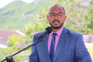 Hon. Jonel Powell, Federal Minister of Education, delivering remarks at the ground breaking ceremony for a state-of-the-art multipurpose technical wing at the Gingerland Secondary School on August 06, 2020, as part of an US$8million St. Kitts and Nevis Technical Vocational Education and Training (TVET) Enhancement Project