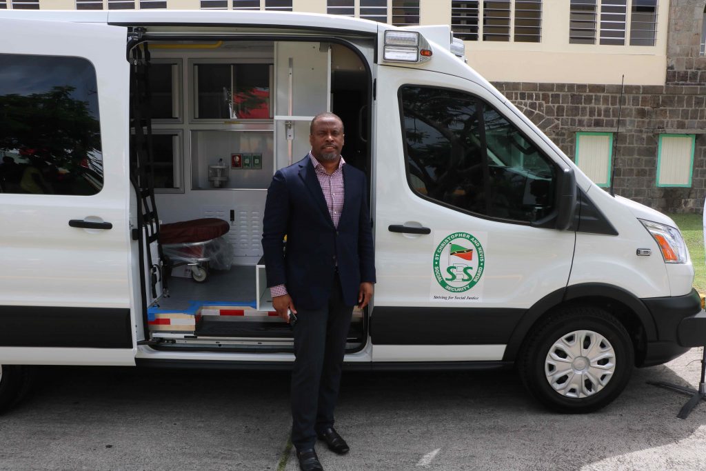 Hon. Premier Mark Brantley, Senior Minister of Health in the Nevis Island Administration at the commissioning ceremony for two new ambulances for the Alexandra Hospital on August 28, 2020