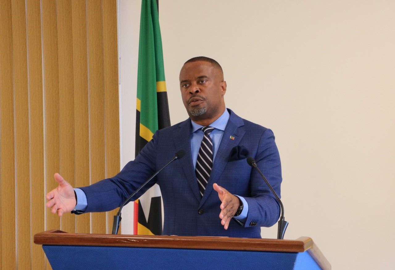 Hon. Mark Brantley, Premier of Nevis and Minister of Finance in the Nevis Island Administration at his monthly press conference on September 22, 2020, in Cabinet Room at Pinney’s Estate