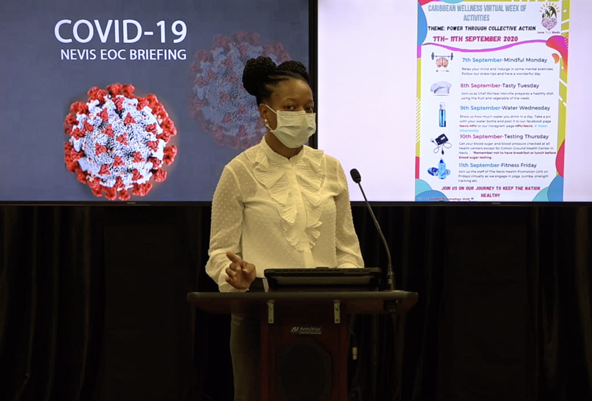 Ms. Shevanee Nisbett, Senior Health Educator at the Nevis Health Promotion Unit making a presentation at the Nevis COVID-19 Emergency Operations Centre Briefing on August 31, 2020