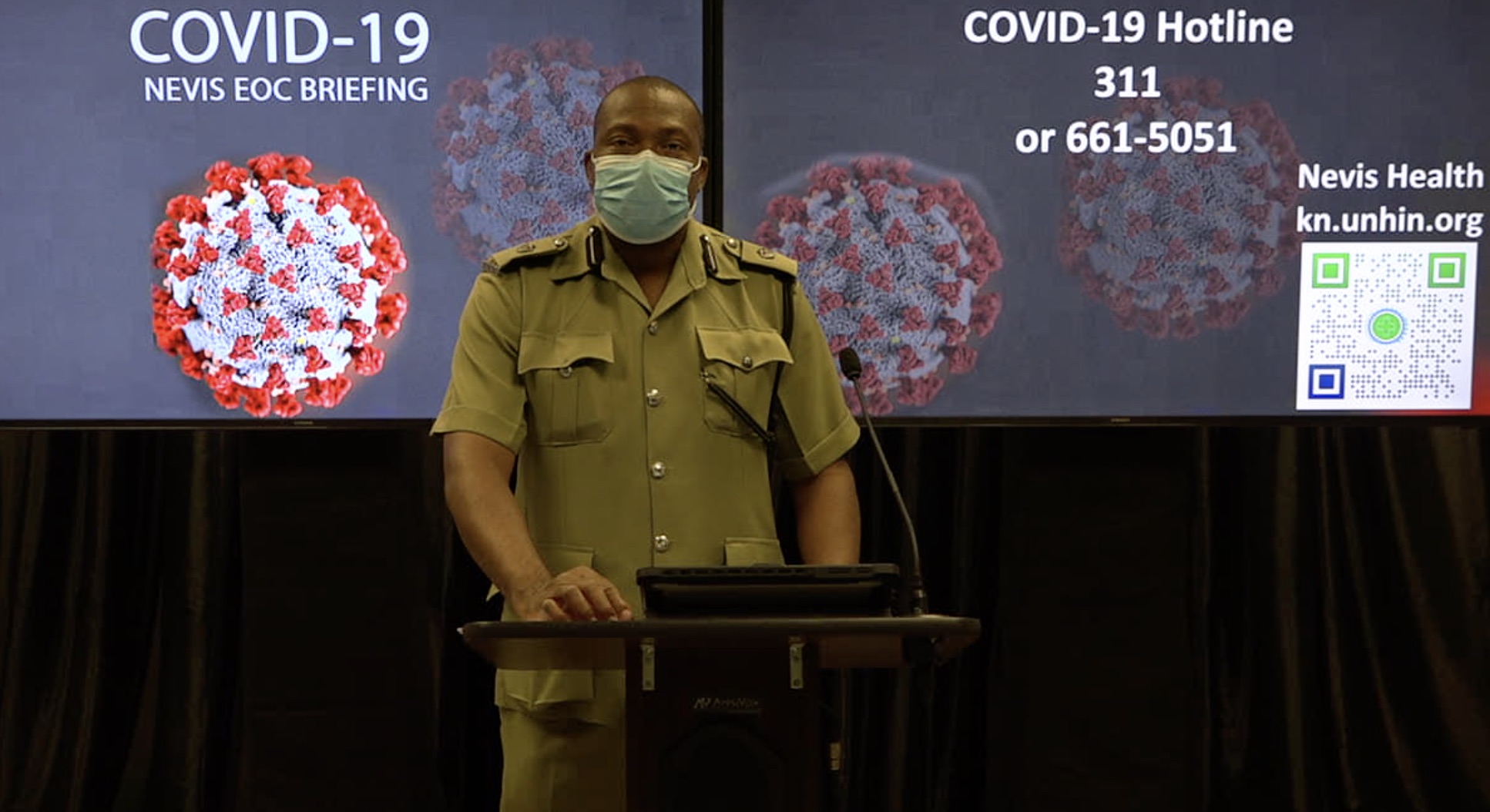 Superintendent Lyndon David, Officer-in-charge of the Royal St. Christopher and Nevis Police Force, Nevis Division, making his presentation at the Nevis Emergency Operation Centre Briefing at Long Point on September 07, 2020