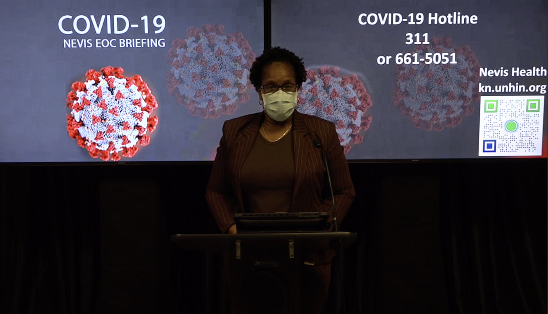 Dr. Judy Nisbett, Chair of the Nevis COVID-19 Task Force, making her presentation at the Nevis COVID-19 Emergency Operations Centre Briefing on October 05, 2020, at Long Point