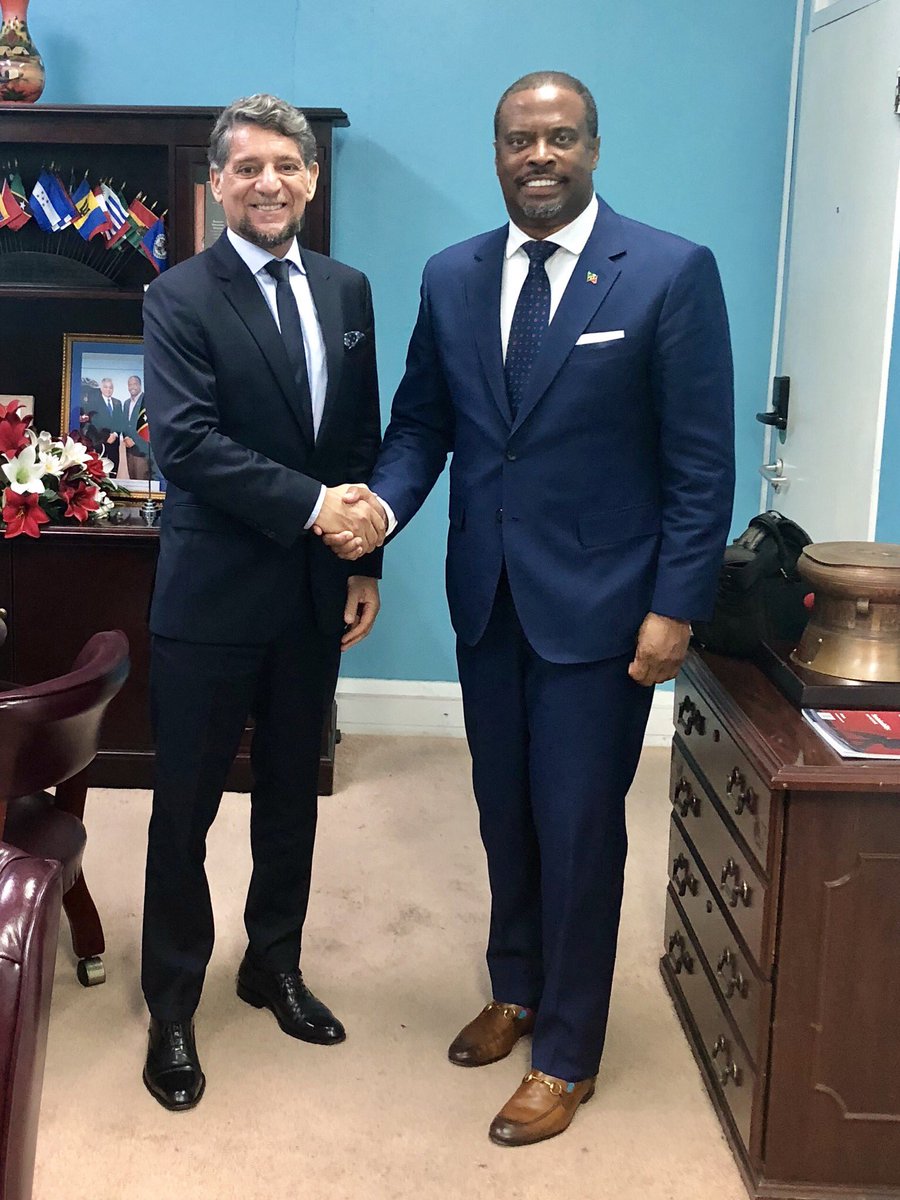 (l-r) His Excellency Gustavo Pandiani, outgoing Ambassador of the Argentine Republic to Barbados and the Organisation of Eastern Caribbean States with Hon. Mark Brantley, Foreign Affairs Minister of St. Kitts and Nevis during a visit to the federation for Independence celebrations in September 2019