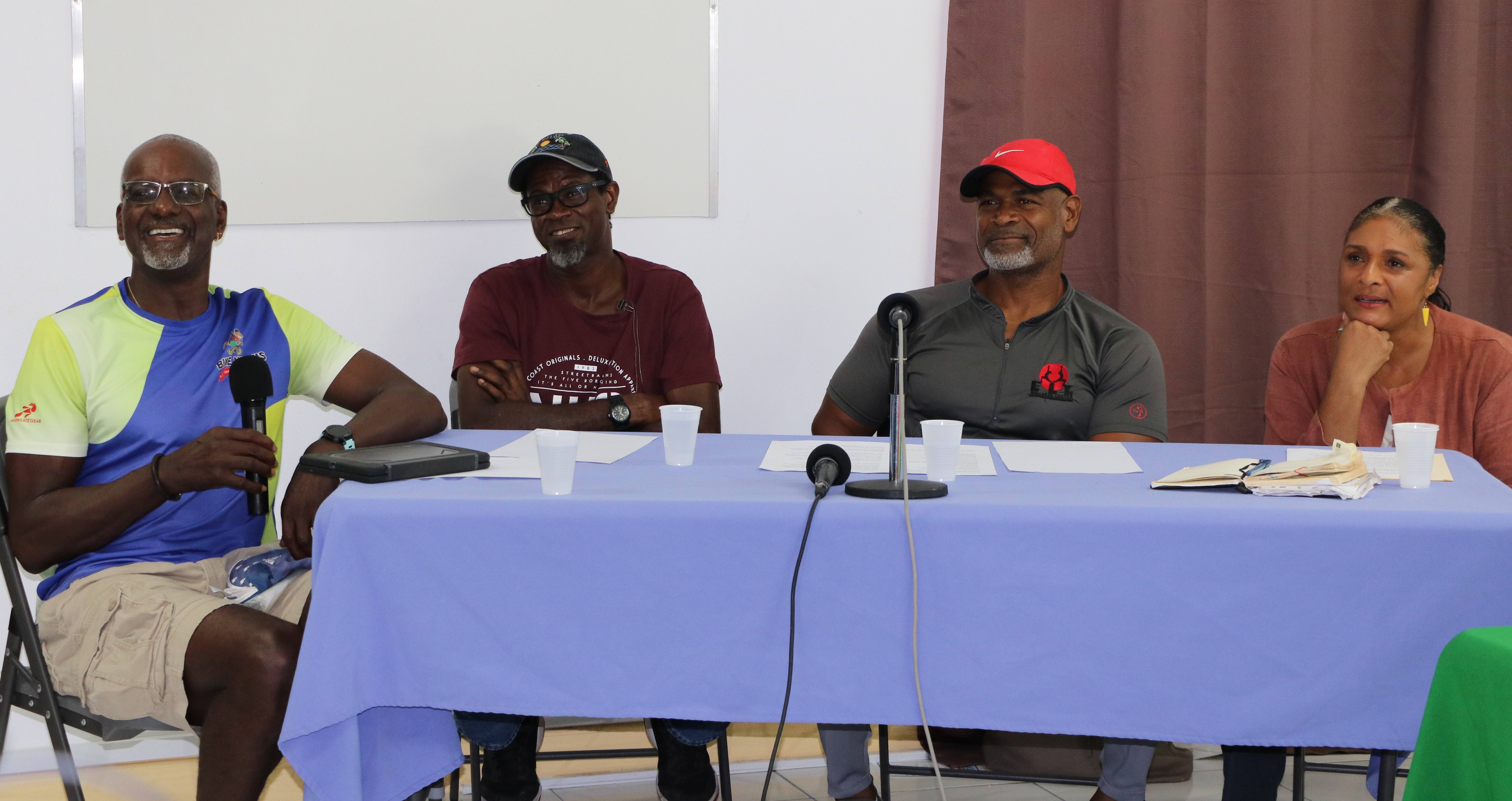 (l-r) Mr. Winston Crooke, Mr. Donford Wilkinson, Mr. David Walwyn, and Ms. Shelagh James, members of the organizing committee for the F.I.T. National Weight Loss Campaign and Nevis Chapter of SKN Moves Annual Bike Relay on November 15, 2020, during a press conference at the Gender Affairs Department conference room in Charlestown on October 26, 2020