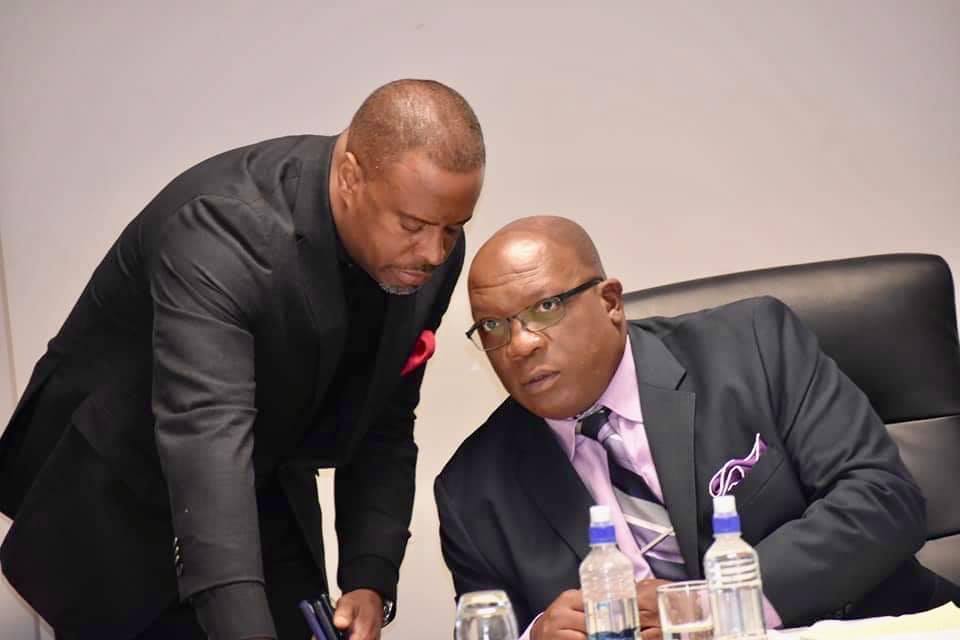 (l-r) Nevis Premier Hon. Mark Brantley and Minister of Foreign Affairs and Aviation in St. Kitts and Nevis with Prime Minister Hon. Dr. Timothy Harris and Minister of Finance during the Federal Budget Estimates meetings in Basseterre on October 19, 2020