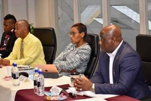 Federal Ministers (l-r): Deputy Prime Minister Hon. Shawn Richards, Hon. Eric Evelyn, Hon. Akilah Nisbett; and Deputy Premier of Nevis Hon. Alexis Jeffers, Federal Minister of Agriculture and Marine Resources during a session of the Federal Budget Estimates Meetings in Basseterre on October 19, 2020