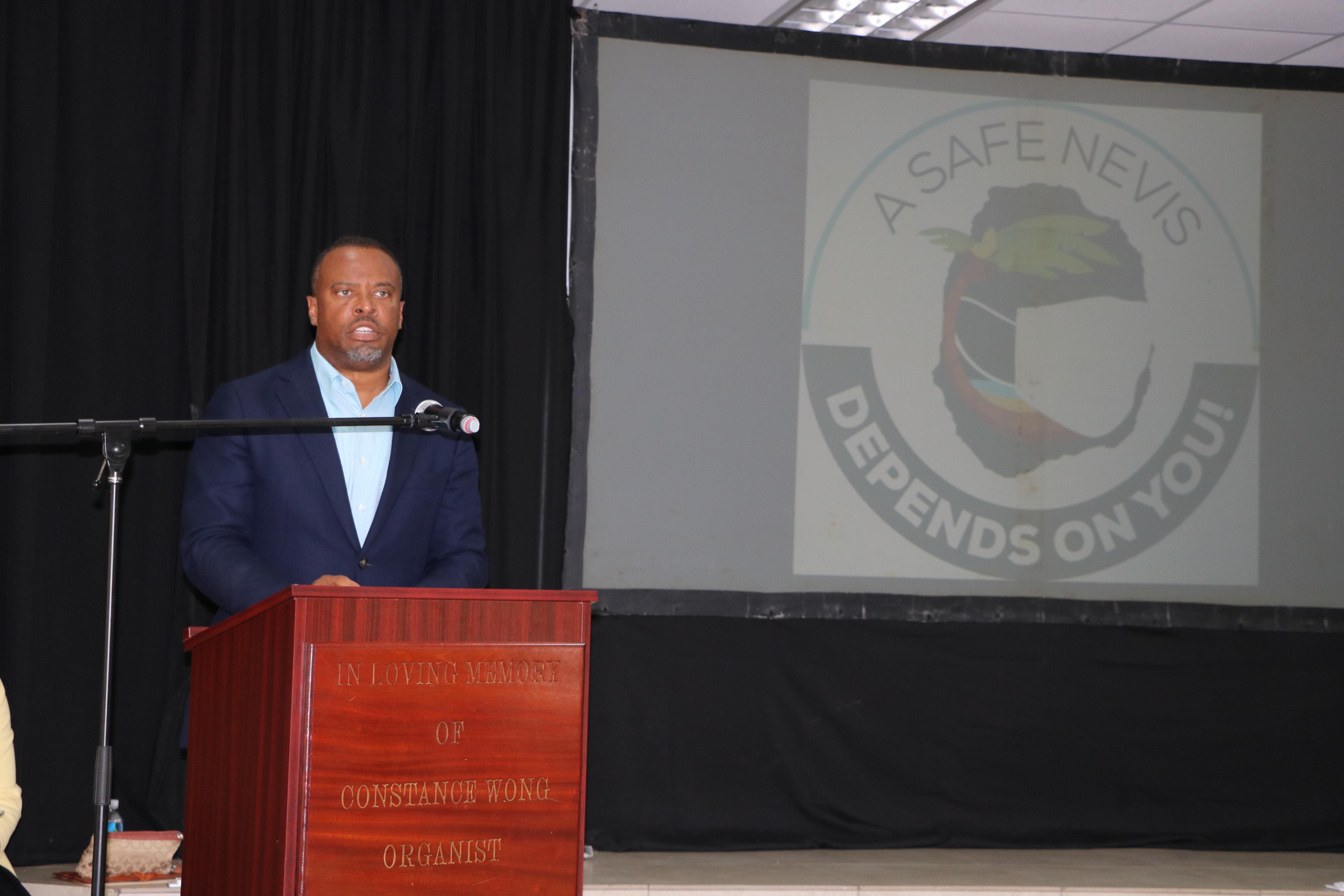 Hon. Mark Brantley, Premier of Nevis, Minister of Tourism and Minister of Health, delivering remarks at the launch of the joint health/tourism campaign “Today4Tomorrow” at the St. Paul’s Anglican Church Hall on October 13, 2020