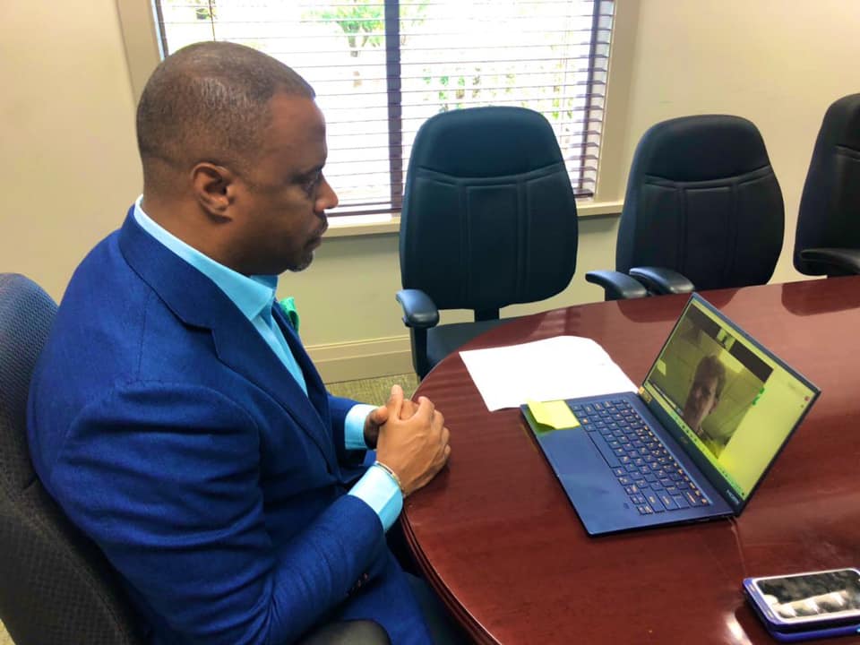 Hon. Mark Brantley, Minister of Foreign Affairs for St. Kitts and Nevis, conducts virtual meeting with Her Excellency Janet Douglas CMG, United Kingdom High Commissioner to Barbados and the Organisation of Eastern Caribbean States on October 20, 2020