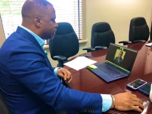 Hon. Mark Brantley, Foreign Affairs Minister of St. Kitts and Nevis engaging His Excellency Gustavo Pandiani, outgoing Ambassador of the Argentine Republic to Barbados and the Organisation of Eastern Caribbean States during a virtual meeting on October 20, 2020